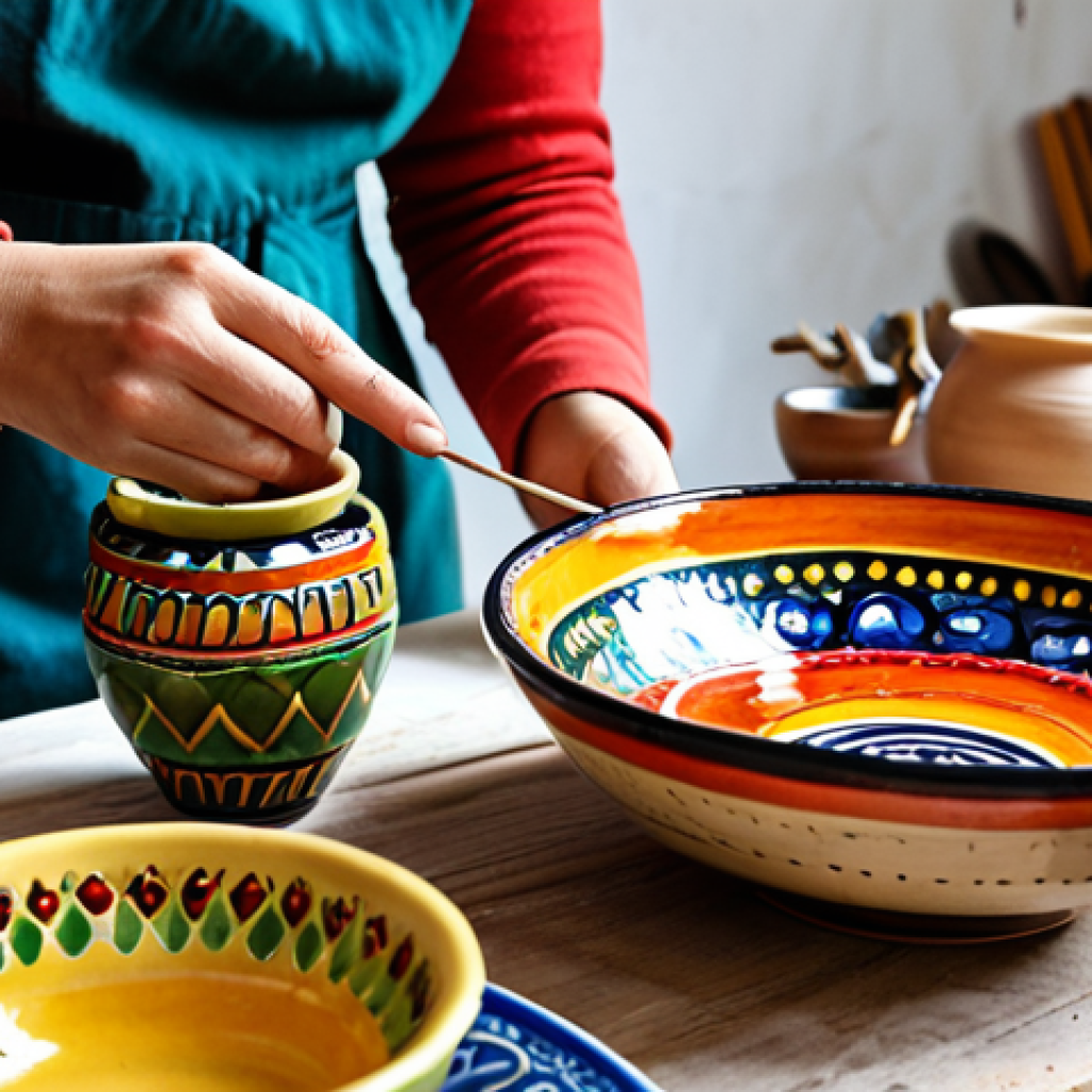**Handcrafted Moldovan Pottery:** A vibrant display of Moldovan ceramics in a studio setting. Focus on the intricate traditional designs, colorful glazes, and variety of shapes (bowls, plates, decorative items). Include the artist's hands working on a piece in the background.