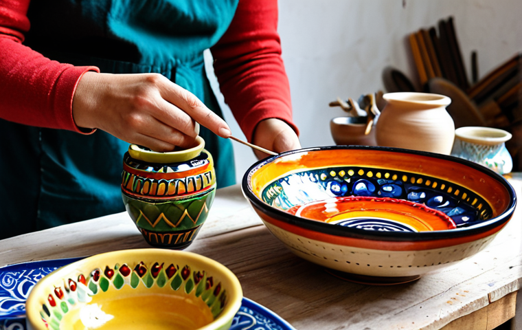 **Handcrafted Moldovan Pottery:** A vibrant display of Moldovan ceramics in a studio setting. Focus on the intricate traditional designs, colorful glazes, and variety of shapes (bowls, plates, decorative items). Include the artist's hands working on a piece in the background.