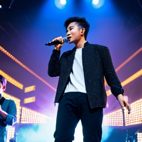 Home 23 Concert Performance**
"A fully clothed male singer performing on a brightly lit stage in Bangkok, Thailand. He is wearing a stylish, modest outfit suitable for a pop concert. Energetic pose, holding a microphone. Background shows a large crowd and dynamic stage lighting. Professional concert photography, perfect anatomy, correct proportions, safe for work, appropriate content, professional, family-friendly."
**